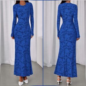 🩵⏭️NWT Blue Textured Floral Lace Bodycon Long Sleeve Dress Small